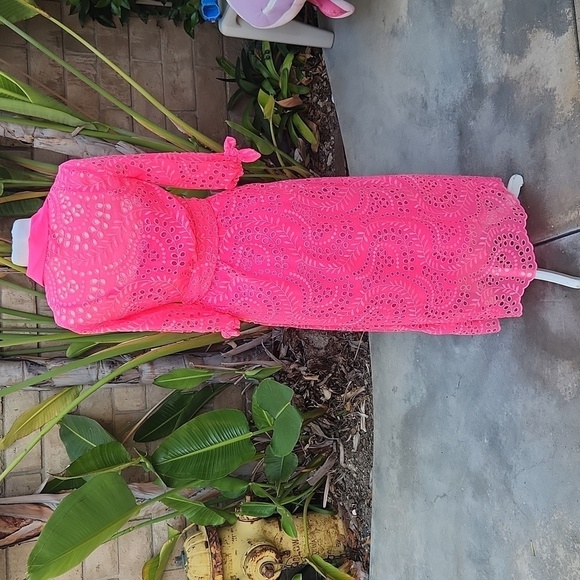 Lilly Pulitzer Amrita Maxi Shirt Dress Hot pink eyelet size 00 010634 - Picture 3 of 12